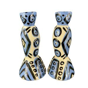 Hand Painted Vintage Pottery Candle Stick Holder Set 2 Signed YCHUK Abstract 2